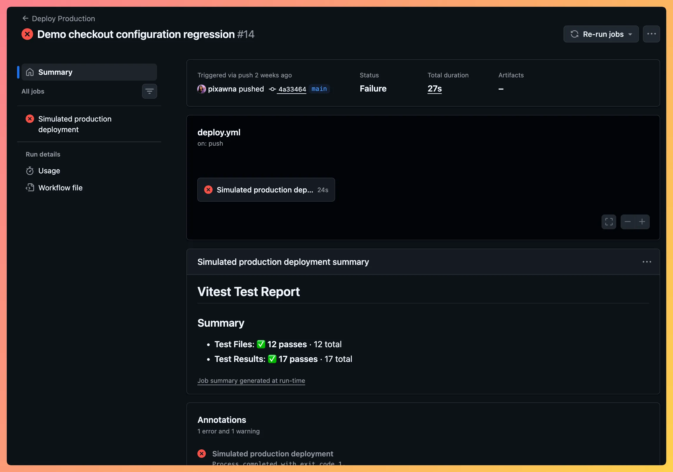 GitHub Actions deployment run showing a simulated production startup failure