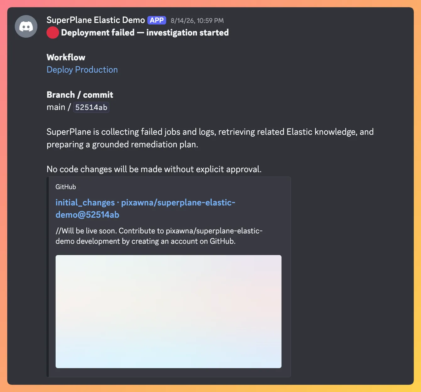 Discord notification confirming that investigation of the failed deployment has started