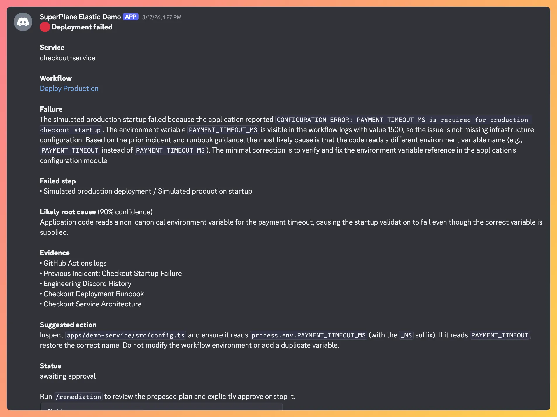 Discord incident report with failure evidence, likely root cause, and supporting sources