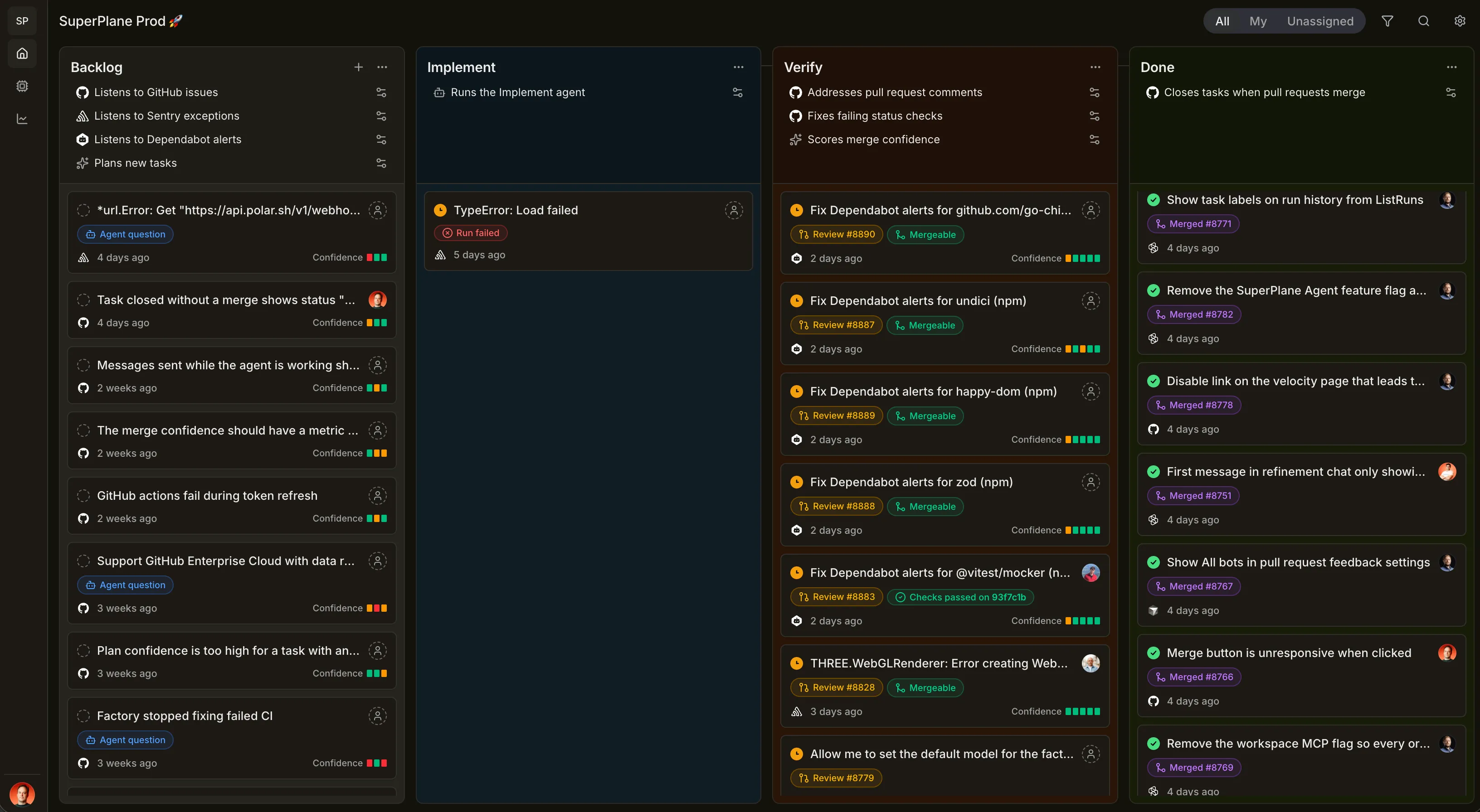 SuperPlane factory board with Backlog, Implement, Verify and Done columns. Pull requests await review in Verify while merged work appears in Done.